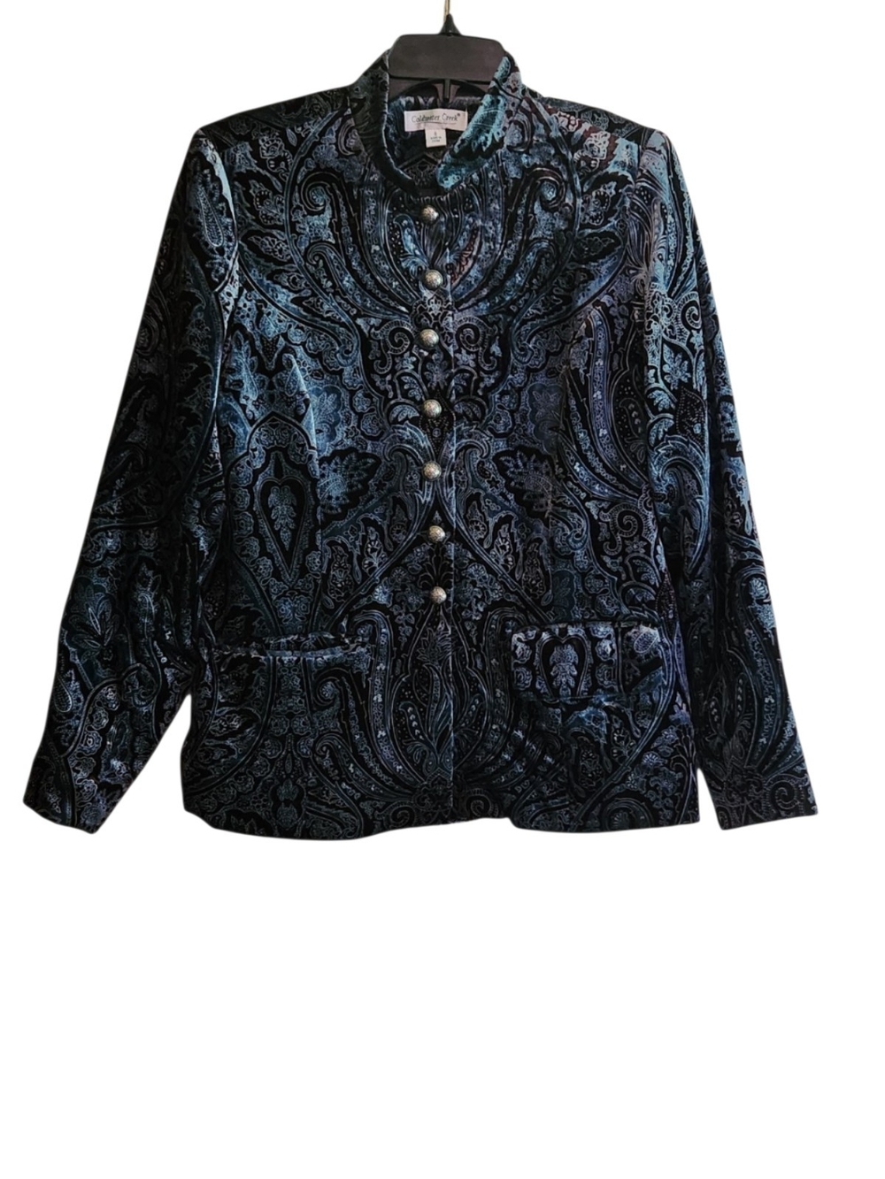 Coldwater Creek Blue And Black Paisley Velvet Button Jacket Mandarin Collar